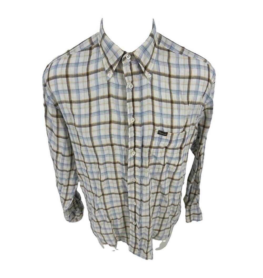 Faconnable Medium Men Button Up Plaid Long Sleeve Linen Shirt Casual 2-23